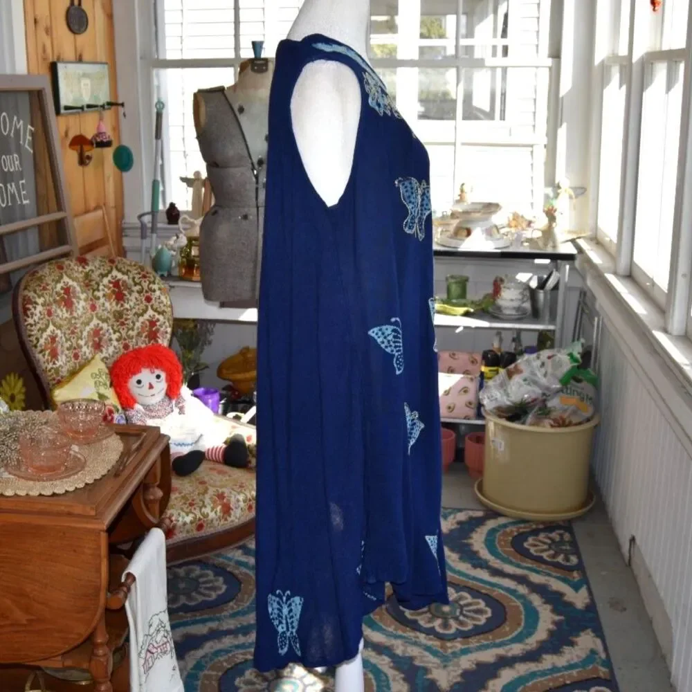 Vintage 90s Butterfly Viscose Dress Blue Boho India Free Size